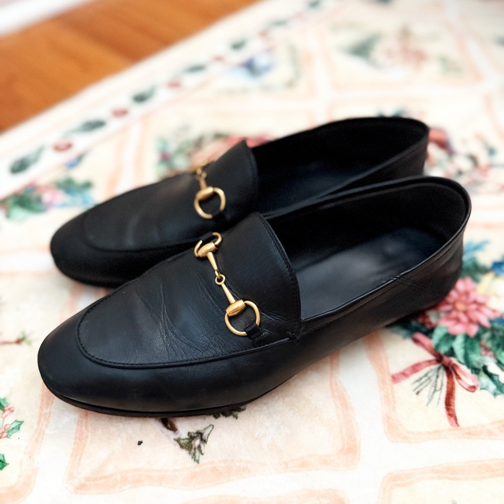 Gucci Black Leather Loafers with Horsebit Gold Hardware